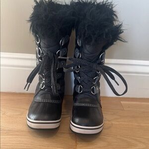 Sorel Black Kids Boots with Faux Fur Trim